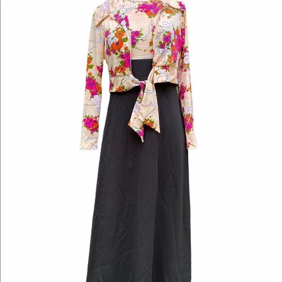 Vintage 70s Womens Floral Maxi Dress Size Small Pink Black - Picture 3 of 13